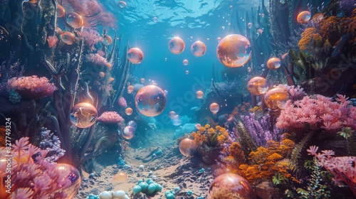 3D Surreal underwater landscape with floating orbs