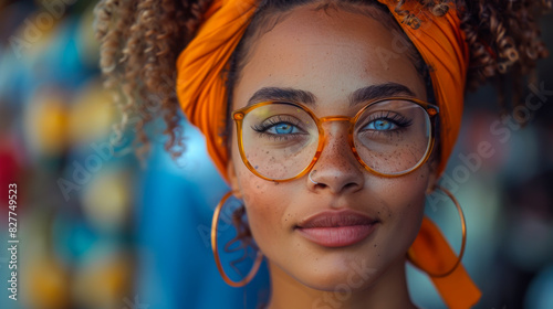 Portrait of a young blue-eyed African American woman in bright clothes walking outdoors. Beautiful woman with glasses enjoys the weather. photo