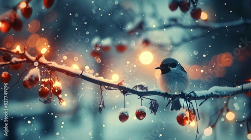  A small bird perches on a branch of a tree against a backdrop of Christmas lights and falling snowflakes Snowflakes decorate the tree's branches above photo