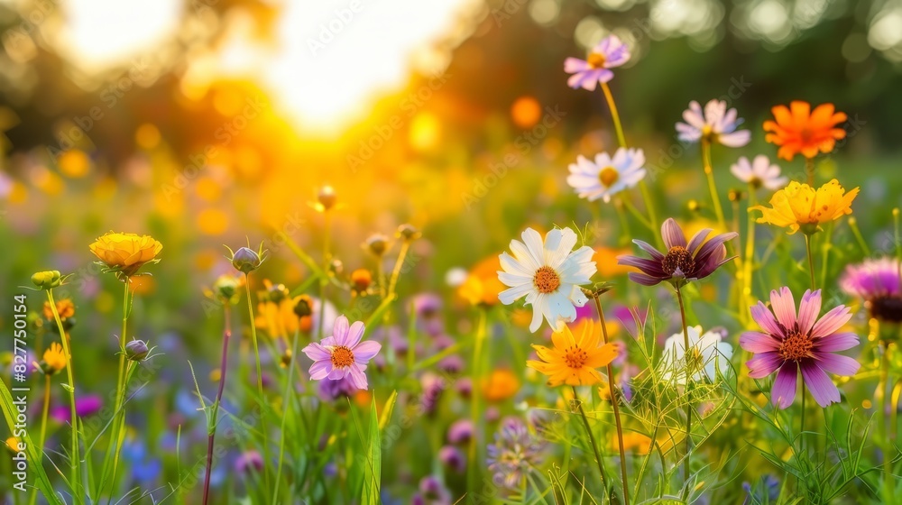  A field of wildflowers with the sun setting in the background