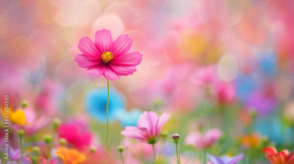  A pink bloom sits in the heart of a vibrant field, surrounded by multihued flowers Background softly blends in shades of blue, pink, yellow, orange, and pink