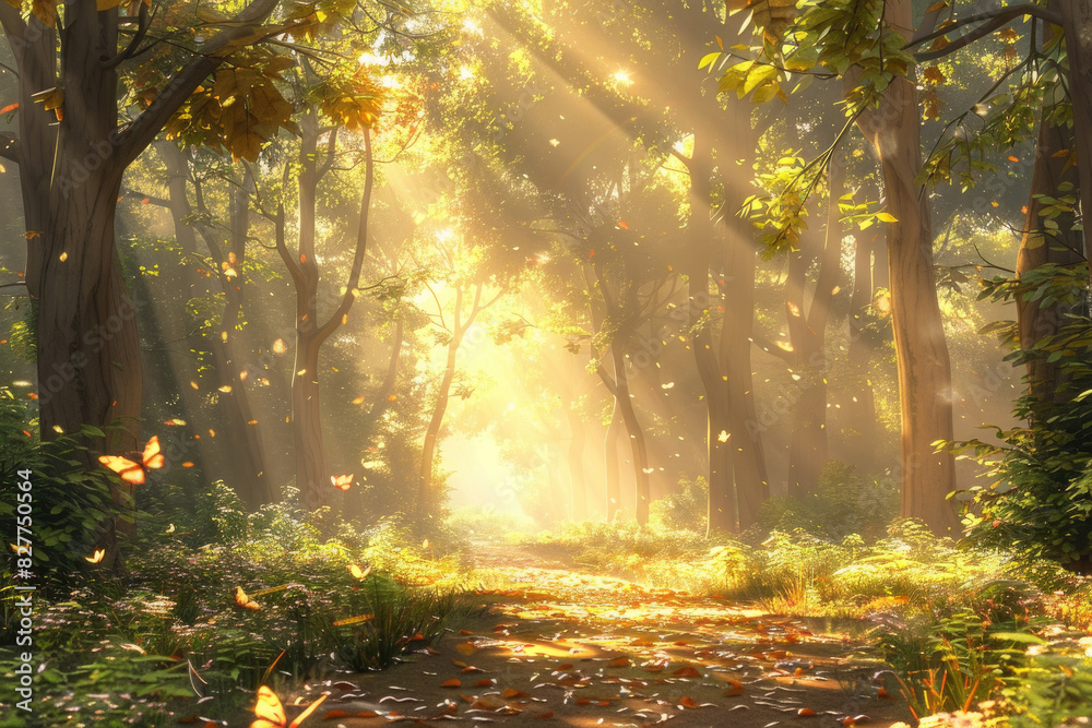 A winding path leads through a thick forest filled with tall trees A winding path leads through a thick forest filled with tall trees