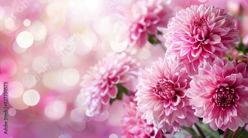  A bunch of pink flowers in a vase on a table Background softly lit with a bokeh effect Blurred background shows a bokeh of lights