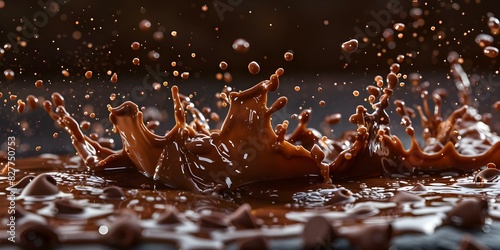 Splashing Brown Liquid Creates Chocolate Milk Drops and Splatters on Dark Surface. Concept Chocolate Milk Photography, Liquid Splashes, Dark Background, Food Styling, Creative Shots photo