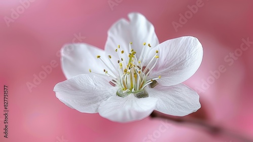  A close-up of a white flower on a tree branch against a pale pink background The center showcases a single white flower