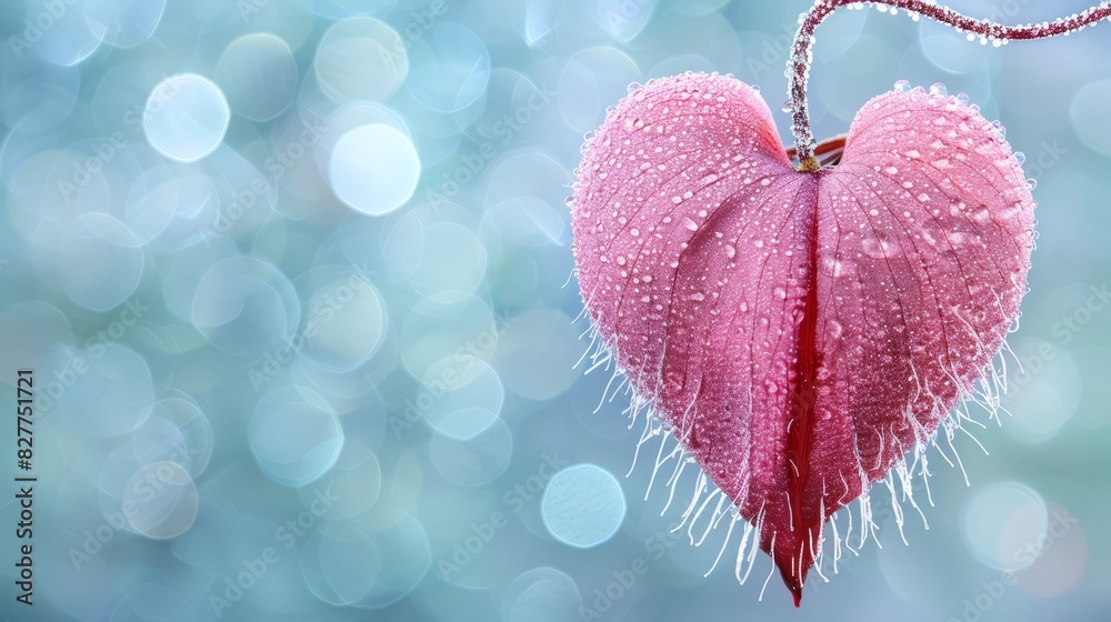 petals dotted with water drops, background blurred with a blue hue, bokeh of light