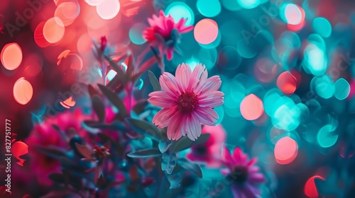  A close-up of a pink flower against a blurred backdrop of blue, pink, and red lights Background features a blurred scene of botches photo