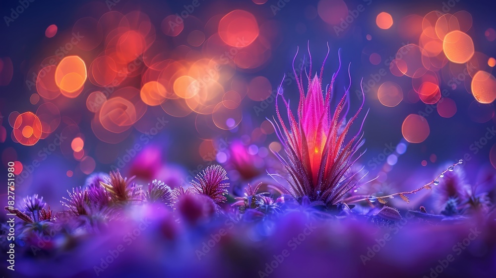 A tight shot of a purple bloom against a backdrop of indistinct lights Foreground presents a hazy plant image, background likewise blurred A tight shot of a purple bloom against a backdrop of indistinct lights Foreground presents a hazy plant image, background likewise blurred
