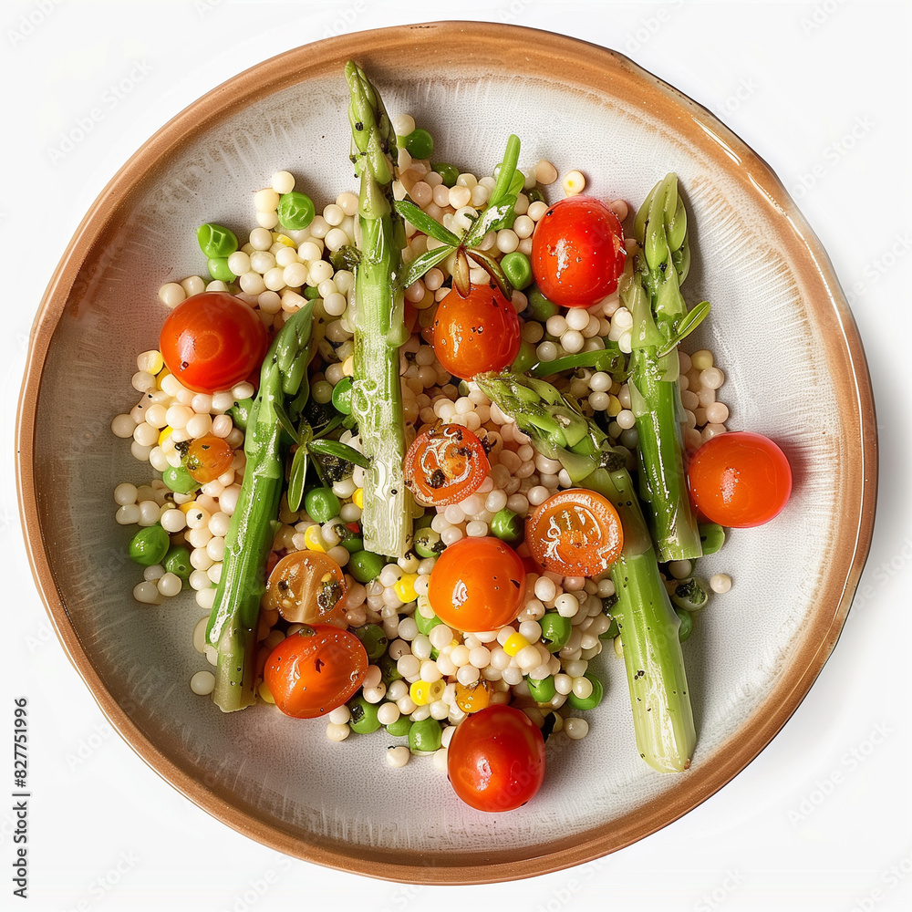 Plate with salat, asparagus and tomatoes on a white plate. White background Plate with salat, asparagus and tomatoes on a white plate. White background