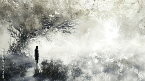 a surreal artwork where fantasy elements are accentuated by a silver texture background photo