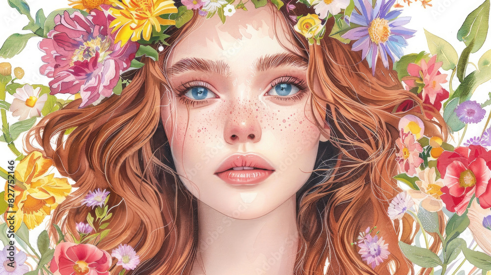 Watercolor illustration of charming woman with long, wavy red hair and bright blue eyes gazes into camera. She wears floral crown of wildflowers Watercolor illustration of charming woman with long, wavy red hair and bright blue eyes gazes into camera. She wears floral crown of wildflowers