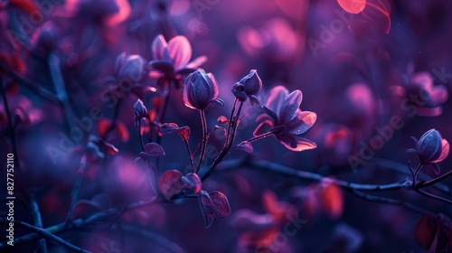  A tight shot of purple blooms on a tree branch against a backdrop of soft  indistinct lights The foreground features a hazy  out-of-focus image