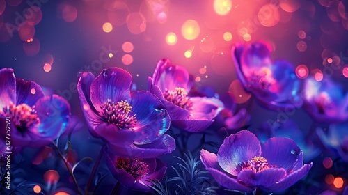  A collection of violet blooms against a backdrop of blue and pink, with a softly blurred light at image center, and an equally indistinct light within the background photo