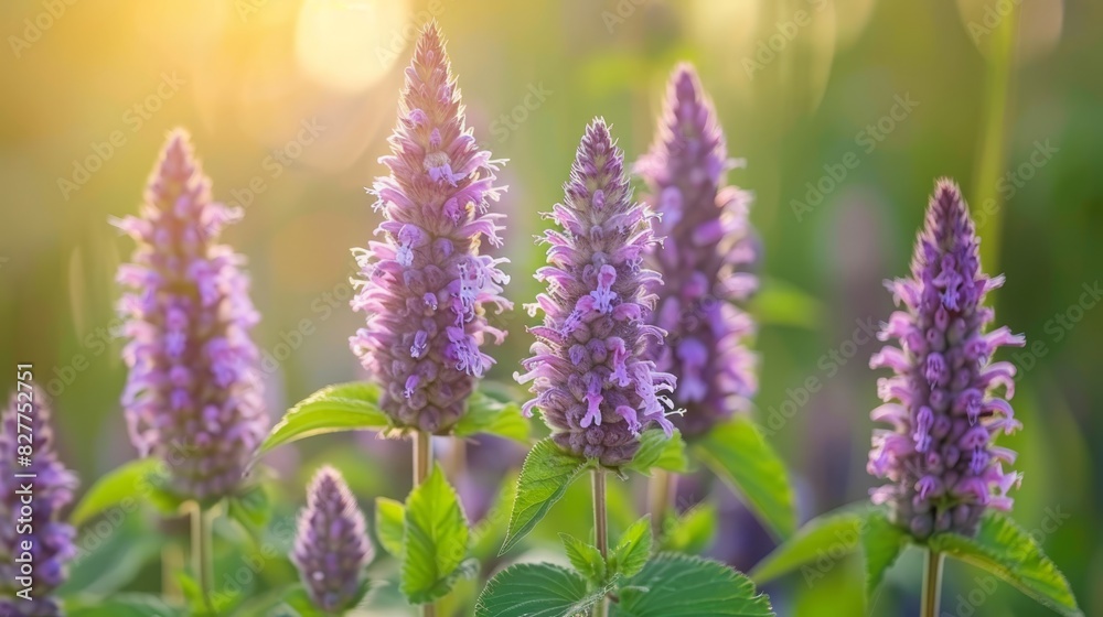 A sunny day features a foreground of purple flowers with green leaves and a blurred backdrop of verdant foliage A sunny day features a foreground of purple flowers with green leaves and a blurred backdrop of verdant foliage