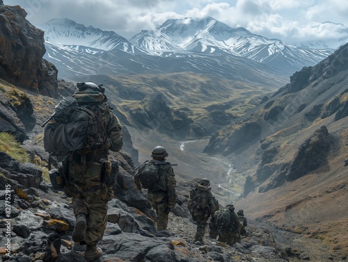 A group of soldiers are walking through a mountainous area. The soldiers are wearing camouflage and carrying backpacks. The mountains are covered in snow, and the landscape is rugged and rocky photo