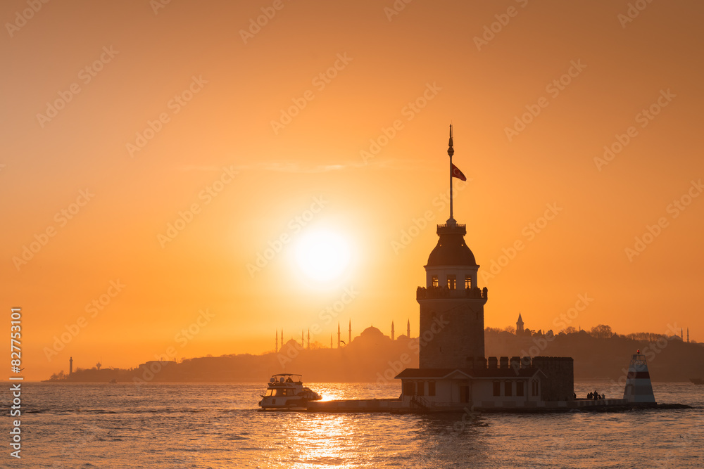 Maiden's Tower at sunset in Istanbul, Turkey. Vew of Bosphorus and Golden Horn bay.