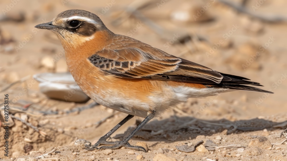 A tight shot of a small bird perched on dirt, with a shoe nearby in the foreground The background is faintly visible as a blur of dirt and twigs A tight shot of a small bird perched on dirt, with a shoe nearby in the foreground The background is faintly visible as a blur of dirt and twigs