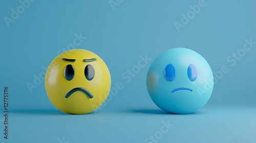 A minimalist 3D of a yellow bored emoji next to a light blue amused emoji, both on a solid indigo background, contrasting boredom and entertainment.