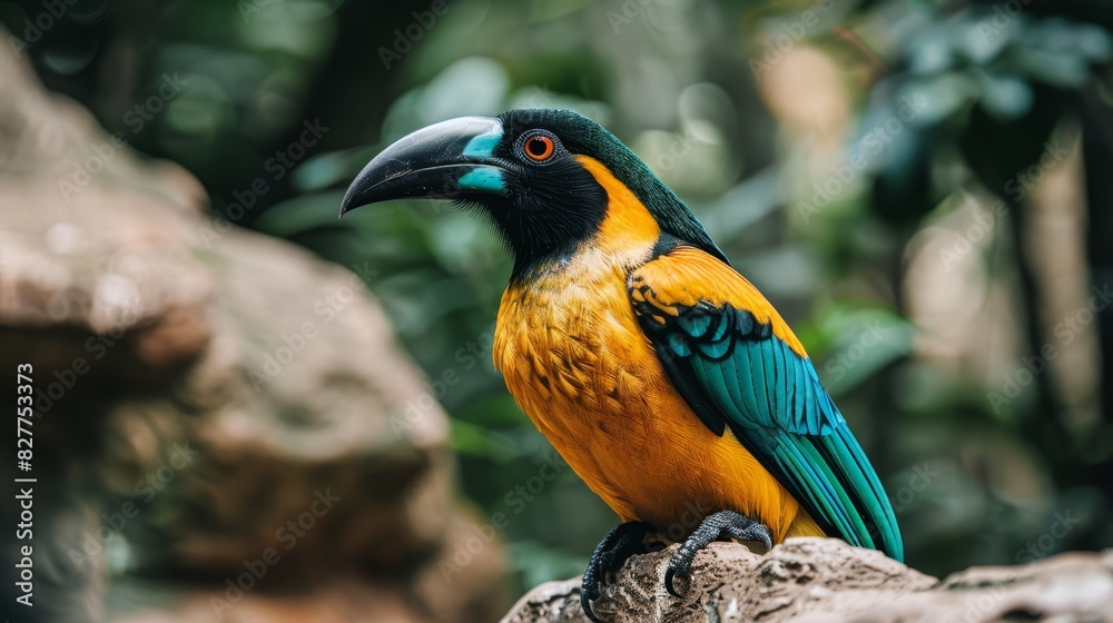  A vibrant bird perches atop a tree branch, surrounded by a mound of rocks Behind it, a leafy tree stands tall