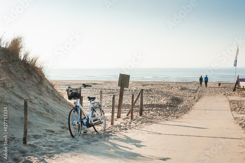 Obraz na płótnie Sand dunes on the sea coast in Noordwijk, Netherlands. Two men walking with dog on the beach. w salonie