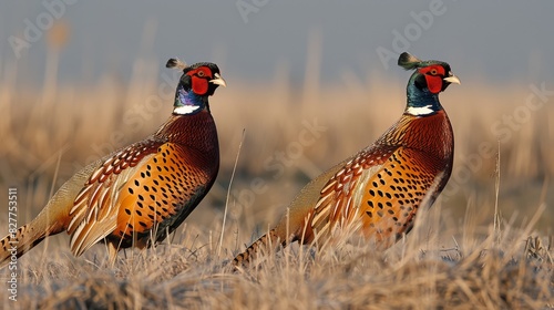  A pair of pheasants face one another in a field of dried grass, their heads turned in unison photo