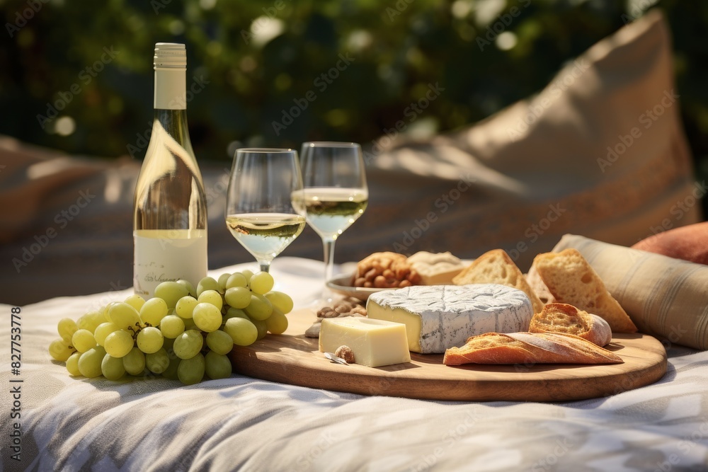 Gourmet Cheese Board With White Wine And Fresh Grapes In Vineyard Setting. Generative AI