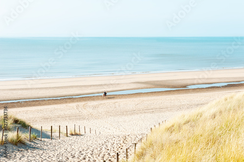 Obraz na płótnie Sand dunes on the sea coast in Noordwijk, Netherlands. Woman rides a horse on the beach w salonie