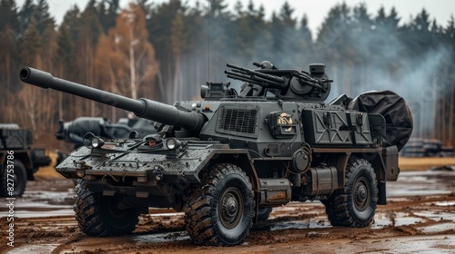  A military vehicle, sporting a mounted gun, sits in a muddy area amidst other vehicles Trees line the opposite side of the road in the distance