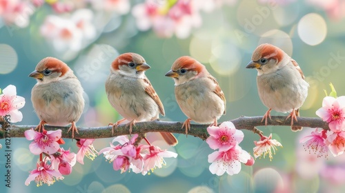  A group of birds perched on a tree branch, surrounded by pink flowers, against a backdrop of blurred foliage
