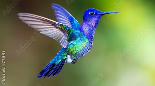  A hummingbird flies with wide-open wings against a blurred backdrop of green, blue, purple, and yellow