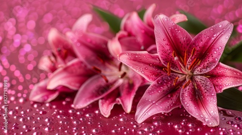  A collection of pink flowers atop a pink, glittering surface Petals bear drops of water, while a green stem rests above