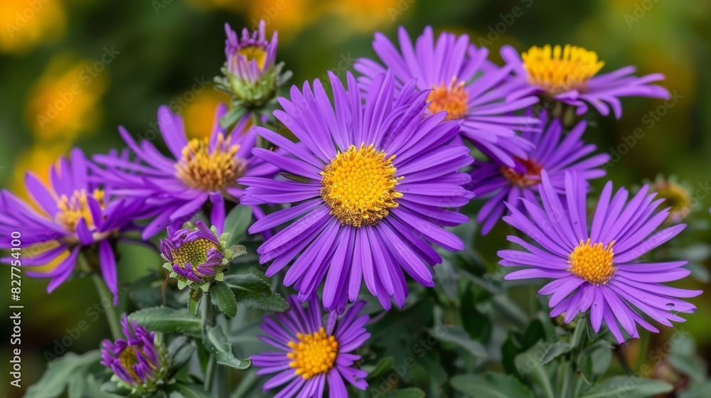 A field of purple flowers with yellow centres amidst yellow and purple blooms, their green leaves in the foreground Background features yellow and orange flowers A field of purple flowers with yellow centres amidst yellow and purple blooms, their green leaves in the foreground Background features yellow and orange flowers