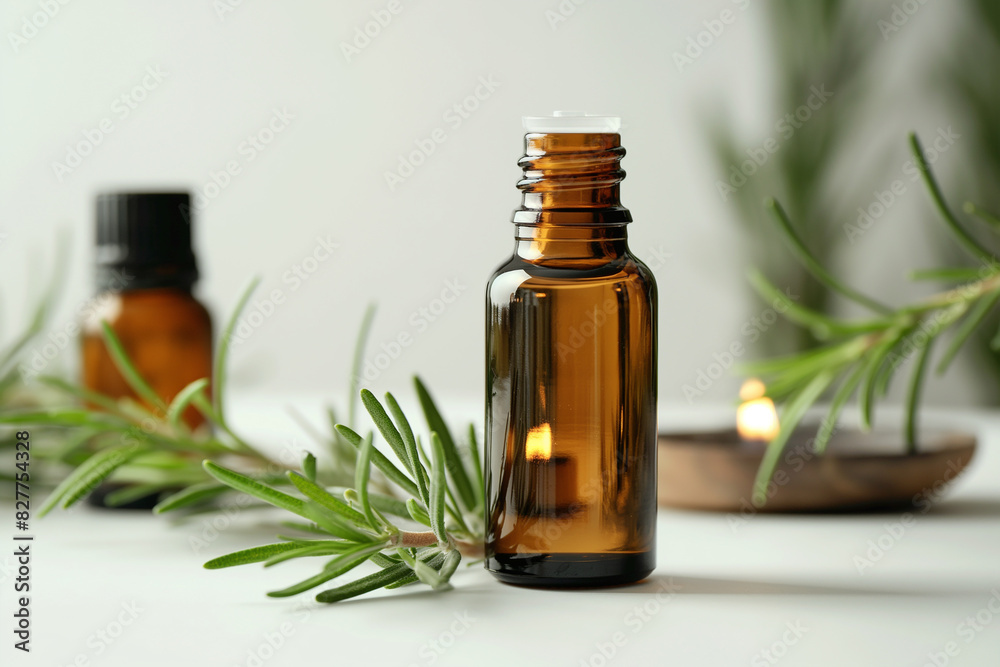 Rosemary aromatherapy essential oils in dark glass bottle Rosemary aromatherapy essential oils in dark glass bottle