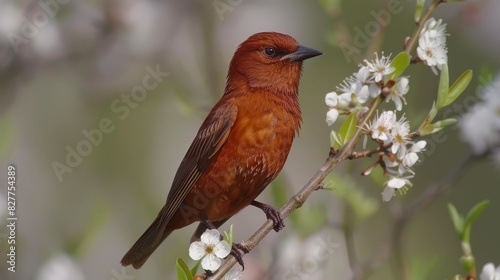  A red bird sits on a tree branch, surrounded by white flowers in the foreground The background subtly features blurred tree branches with white blooms