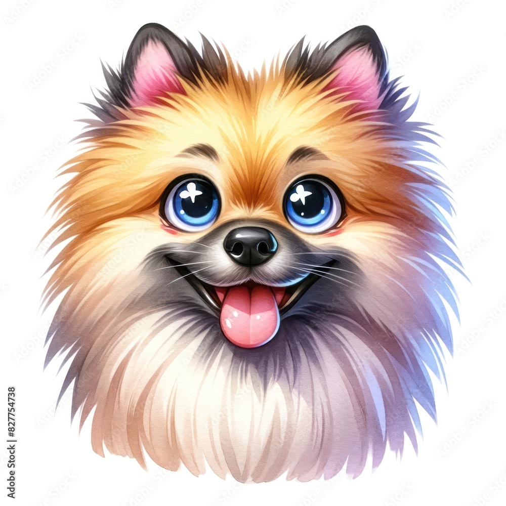 A cheerful full-body watercolor cartoon Keeshond dog with big, expressive, bright, and sparkling eyes. The Keeshond has a happy, lively expression