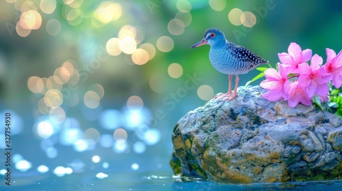  A blue bird stands on a rock before a body of water, surrounded by pink flowers Behind it, bright lights shine in the background photo