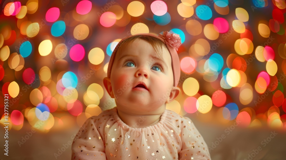 A baby girl in a pink bow sits before a multicolored backdrop of lights, her eyes widened, gaze tilted A baby girl in a pink bow sits before a multicolored backdrop of lights, her eyes widened, gaze tilted