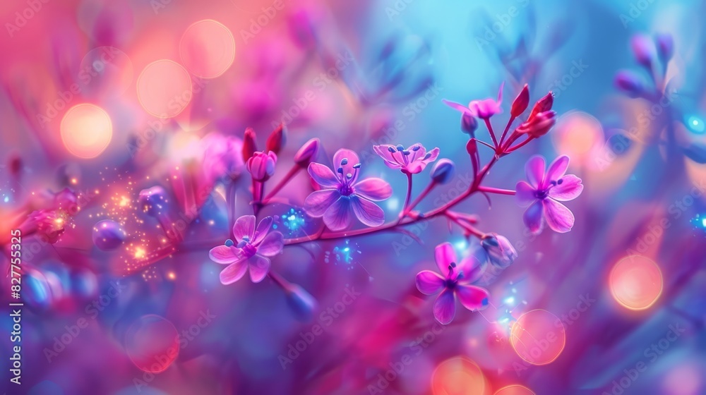 A tight shot of assorted blooms against a blue-pink backdrop, with softly blurred lights behind, and an indistinct flower cluster in the foreground A tight shot of assorted blooms against a blue-pink backdrop, with softly blurred lights behind, and an indistinct flower cluster in the foreground