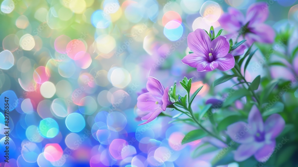  A tight shot of a purple flower against a backdrop of softly blurred lights Foreground features a blend of blue, pink, and purple blooms subtly out of focus
