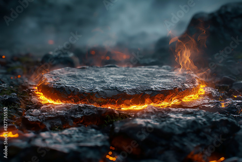 podium lava igneous rock stone hot magma concept stand product display cosmetic skincare male manly molten crust danger texture eruption volcanic melting cracks flame heat scorch. 3D Illustration. photo