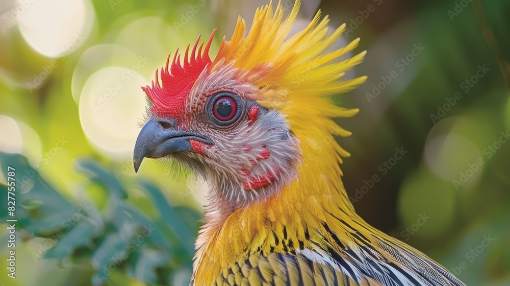 A tight shot of a red-headed bird perched on a tree branch Background comprises a tree with blurred, golden leaves in the foreground A tight shot of a red-headed bird perched on a tree branch Background comprises a tree with blurred, golden leaves in the foreground