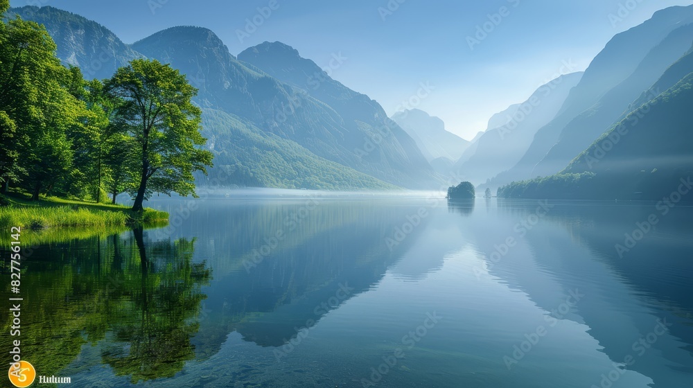 Naklejka premium Tranquil Lake Surrounded by Misty Mountains and Lush Greenery with Clear Reflections Under a Blue Sky.
