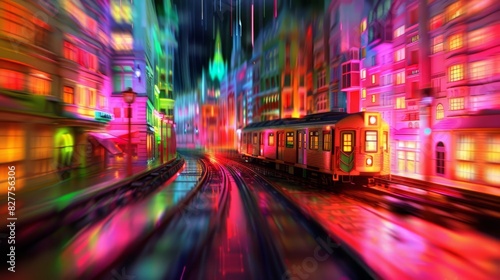 Train journeying through metropolis at night  buildings aglow with vibrant lights  train on tracks mid-city