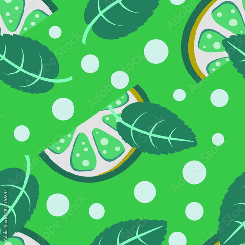 Mojito seamless pattern with lime, mint leaves and bubbles on green background. Vector design.