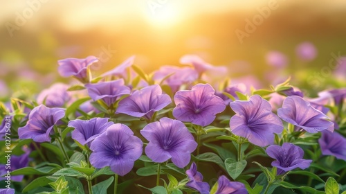  A field of purple flowers with the sun shining through the clouds in the background Green leaves populate the foreground