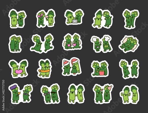 Couple asparagus cute cartoon characters. Sticker Bookmark. Funny charming friends. Hand drawn style. Vector drawing. Collection of design elements.