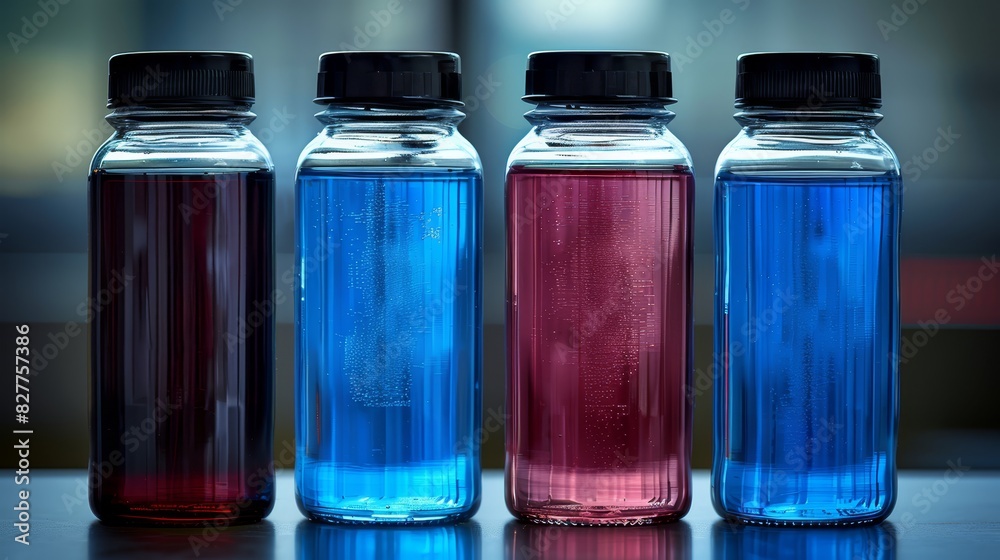 A trio of bottles, filled with liquids, sits atop a wooden table In front of them lies a single glass bottle with a red-blue hue, its contents similarly colored A trio of bottles, filled with liquids, sits atop a wooden table In front of them lies a single glass bottle with a red-blue hue, its contents similarly colored