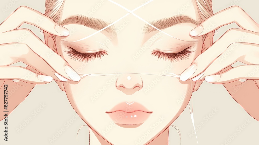Threading for precise eyebrow shaping and removal of excess facial hair on a woman s face and hands depicted in a 2d illustration of a threading hair removal procedure Threading for precise eyebrow shaping and removal of excess facial hair on a woman s face and hands depicted in a 2d illustration of a threading hair removal procedure