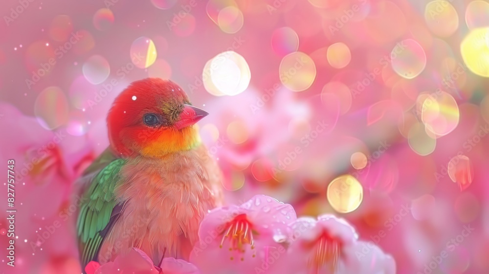 A vibrant bird perches atop a tree adorned with pink and yellow blossoms Behind, a backdrop of soft circles in light shades of pink and white forms a A vibrant bird perches atop a tree adorned with pink and yellow blossoms Behind, a backdrop of soft circles in light shades of pink and white forms a