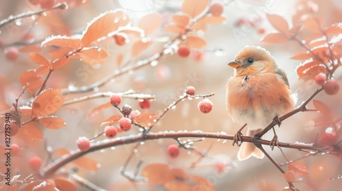  A small bird perched on a tree branch, foreground filled with sharp berries Background softly blurred with leaves and berries